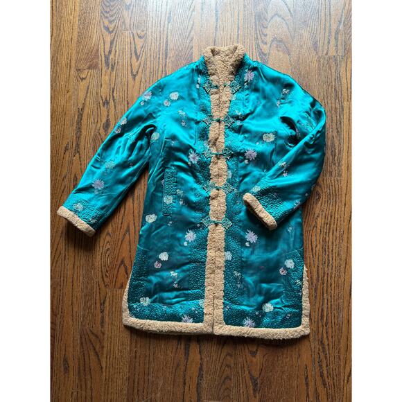 Turquoise Asian Silk Faux Fur Warm Cozy Coat Fall Winter Boho Artsy Chinoiserie - Picture 10 of 11